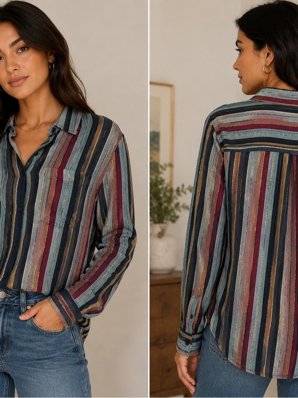Rails Charli Varadero Stripe Metallic Linen Blend Shirt M NWT